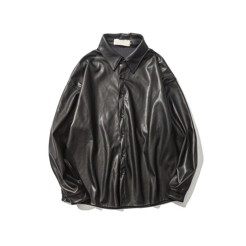 Casual Oversized PU Leather Jacket for Couples Black interior long-sleeved high-end