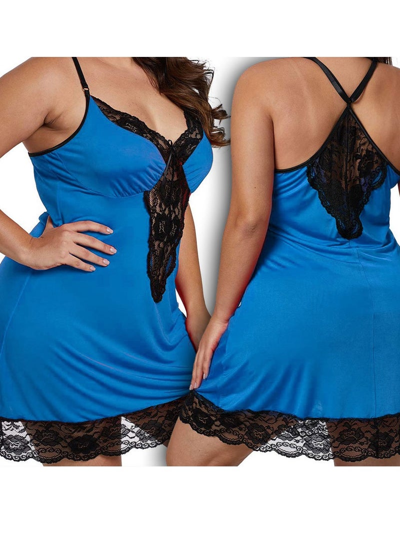 MARGOUN Women Medium Nightwear Lingerie Deep Neck Night Dress Sleepwear Camisole Nighty Blue  - Image 3