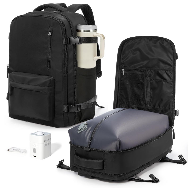 VGCUB Vacuum Backpack Travel with Pump Vacpack System Storage Carry on Work Laptop Business Waterproof College Compression Personal Item Daypack Backpacks for Women Men Black - Image 2
