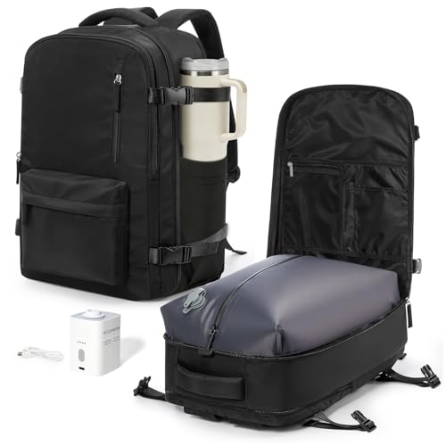 VGCUB Vacuum Backpack Travel with Pump Vacpack System Storage Carry on Work Laptop Business Waterproof College Compression Personal Item Daypack Backpacks for Women Men Black - Image 1
