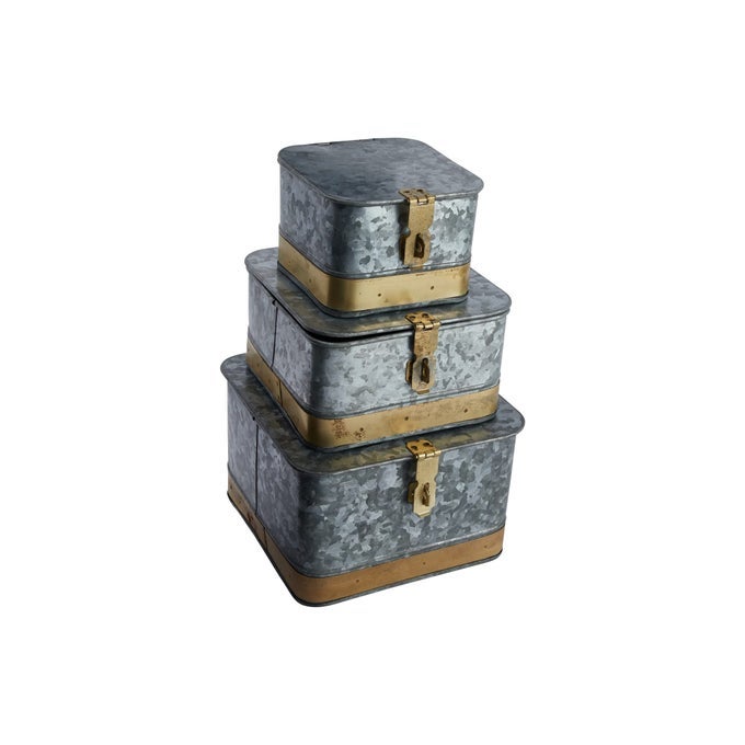 CREATIVE COOP DECORATIVE METAL BOXES WITH LIDS SILVER AND GOLD SET OF 3