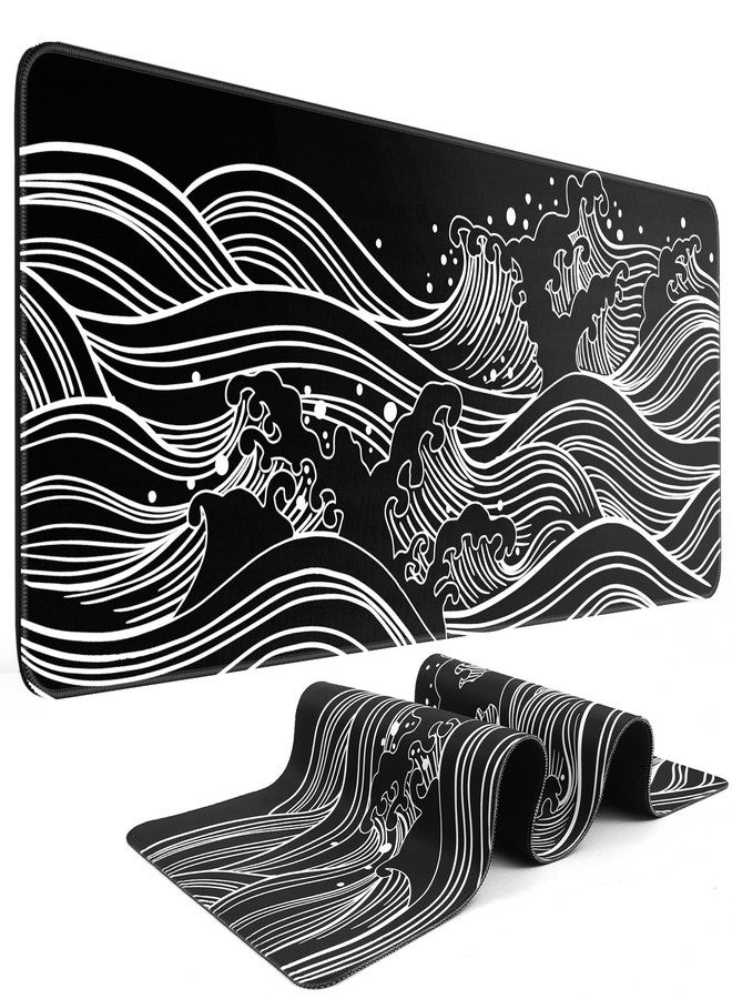 DIGSOM Gaming Mouse Pad - Large 31.5 x 11.8 in Black and White with Stitching Edges, Non-Slip Rubber Base Large Mouse Mat and Keyboard Pad (Sea Wave) - Image 1