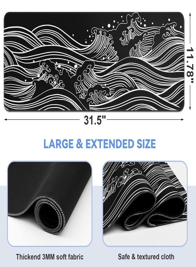DIGSOM Gaming Mouse Pad - Large 31.5 x 11.8 in Black and White with Stitching Edges, Non-Slip Rubber Base Large Mouse Mat and Keyboard Pad (Sea Wave) - Image 2