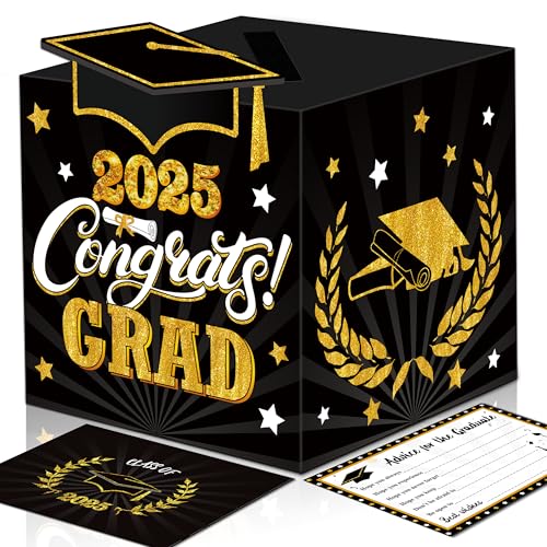 algpty Graduation Wish Cards with Black and Gold Card Holder Box - 36PCS Class Of 2025 Advice Cards and 2025 Congrats Grad Card Box for Graduation Party Supplies Decoration - Image 1