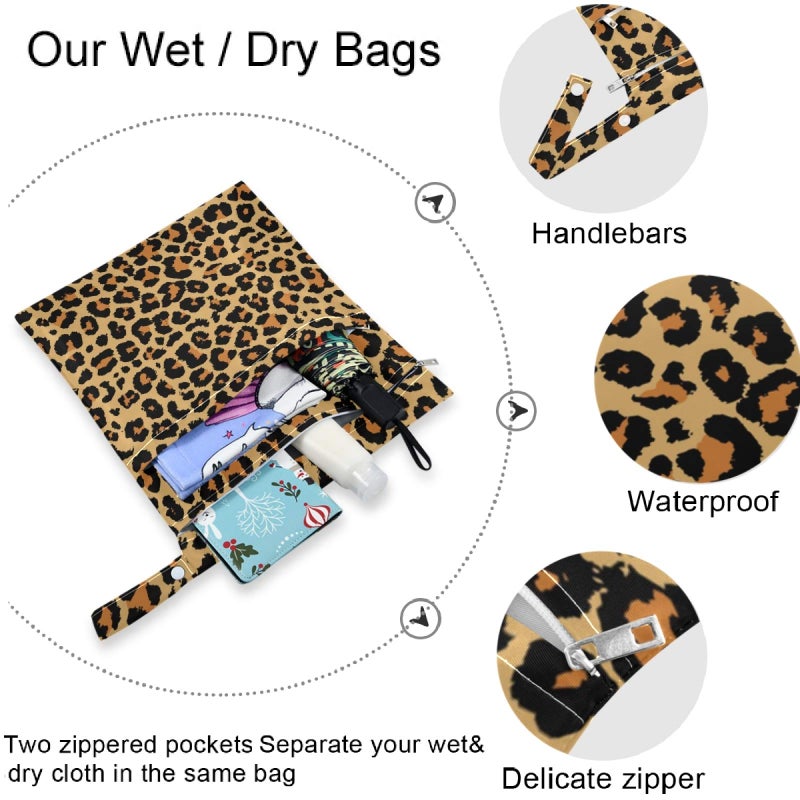 visesunny Leopard Grain 2Pcs Wet Bag with 2 Zippered Pockets Snap Handle Washable Reusable Roomy for Travel,Beach,Pool,Daycare,Stroller,Diapers,Dirty Gym Clothes, Wet Swimsuits, Toiletries - Image 5