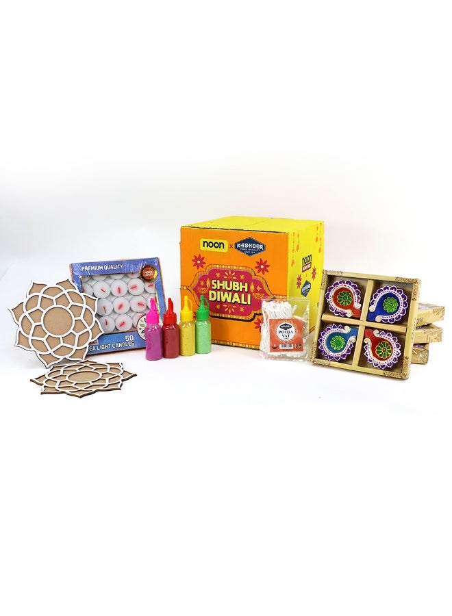 Madhoor Diwali Essentials Kit - Set includes 16 Diyas, 50 pieces Premium Tealight Candles, 2 Rangoli Stencils, 4 Rangoli Colors & 40 pieces Cotton Vat Long - Image 1