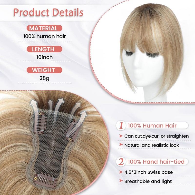 YAMI Hair Toppers for Women Real Human Hair Toppers for Women with Thinning Hair Topper with Bangs (Honey Blonde with Dark Brown Root) - Image 5