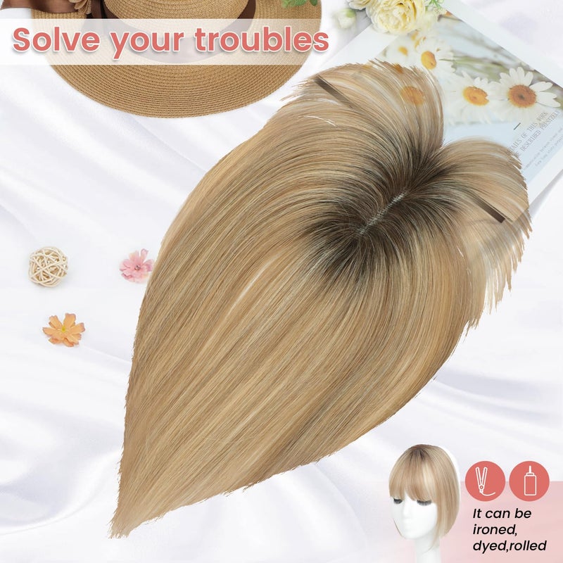 YAMI Hair Toppers for Women Real Human Hair Toppers for Women with Thinning Hair Topper with Bangs (Honey Blonde with Dark Brown Root) - Image 2
