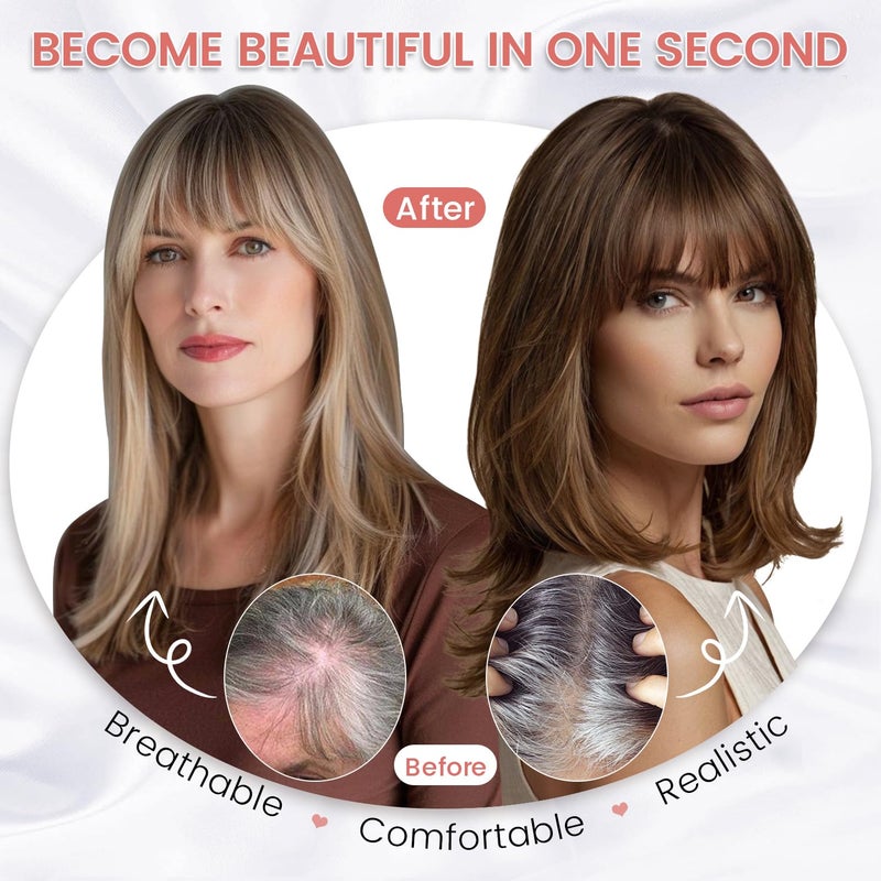 YAMI Hair Toppers for Women Real Human Hair Toppers for Women with Thinning Hair Topper with Bangs (Honey Blonde with Dark Brown Root) - Image 4