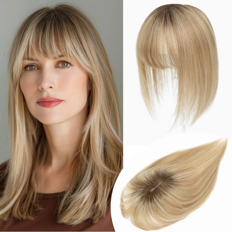 YAMI Hair Toppers for Women Real Human Hair Toppers for Women with Thinning Hair Topper with Bangs (Honey Blonde with Dark Brown Root) - Image 1