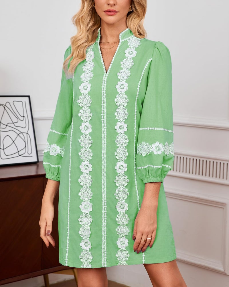 YEXPINE Women's Embroidered Lace Floral Tunic Dress 3/4 Puff Sleeve V Neck Mini Dress with Pockets Green - Image 5