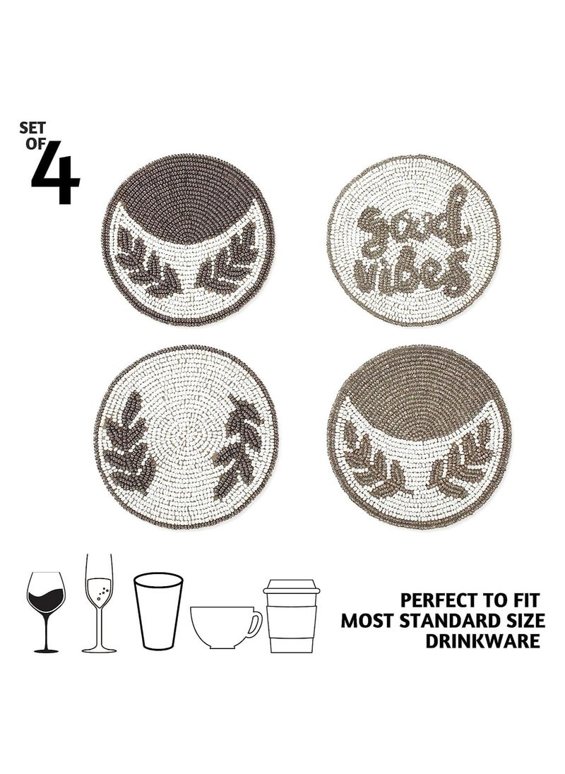 Folkulture Beaded Coasters for Drinks, Pack of 4 Farmhouse Coasters, 4" Round Boho Coasters for Coffee Table Décor, Modern Bar Coasters or Rustic Coasters for Wooden Table - (Good Vibes)