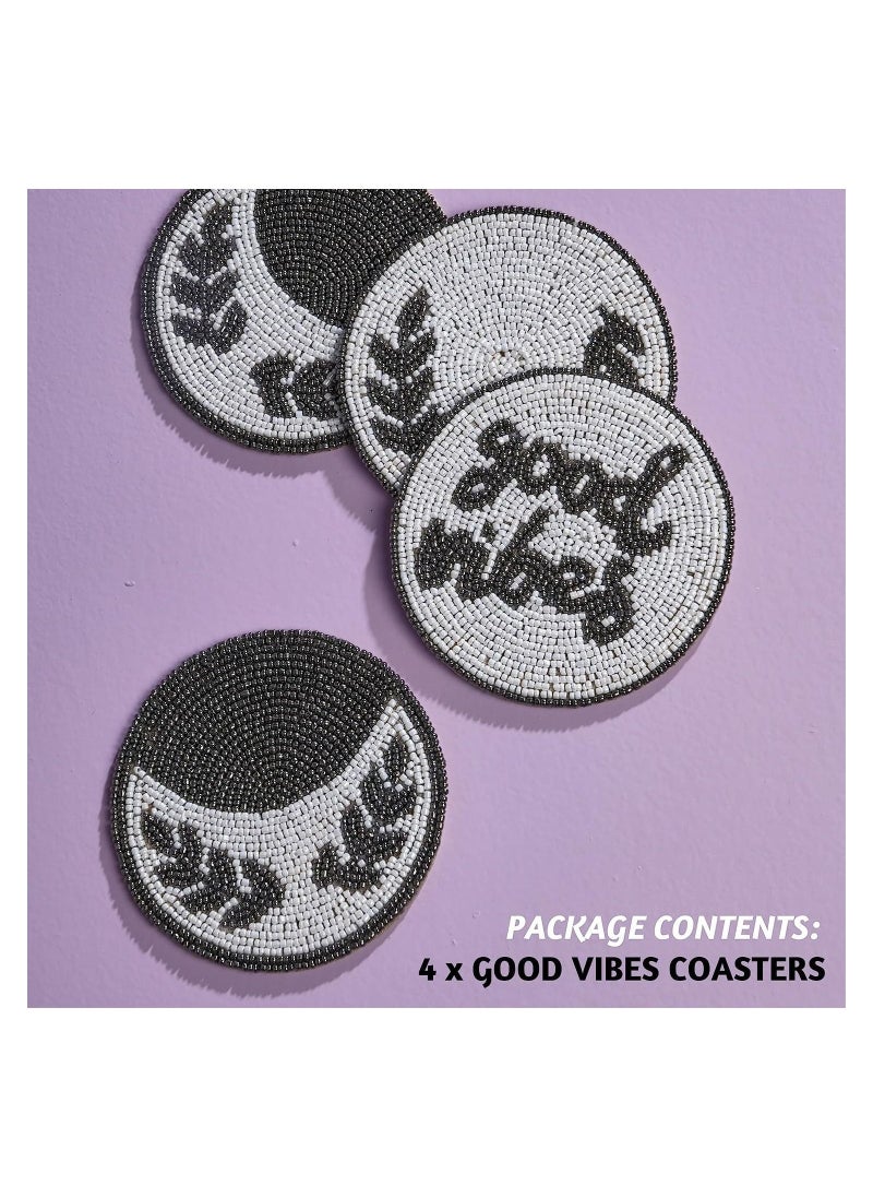 Folkulture Beaded Coasters for Drinks, Pack of 4 Farmhouse Coasters, 4" Round Boho Coasters for Coffee Table Décor, Modern Bar Coasters or Rustic Coasters for Wooden Table - (Good Vibes)