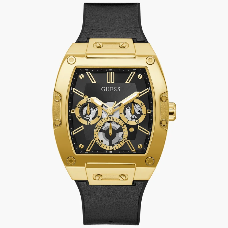 جس Guess Men's Black Chronograph Watch with Leather Strap