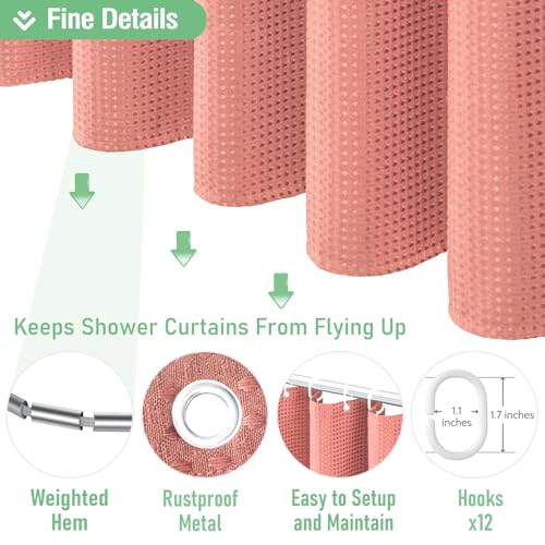 Dynamene Coral Fabric Shower Curtain - Waffle Weave Textured Heavy Duty Cloth Shower Curtains for Bathroom, 256GSM Hotel Luxury Weighted Bath Curtain Set with 12 Hooks,72x72, Coral - Image 5