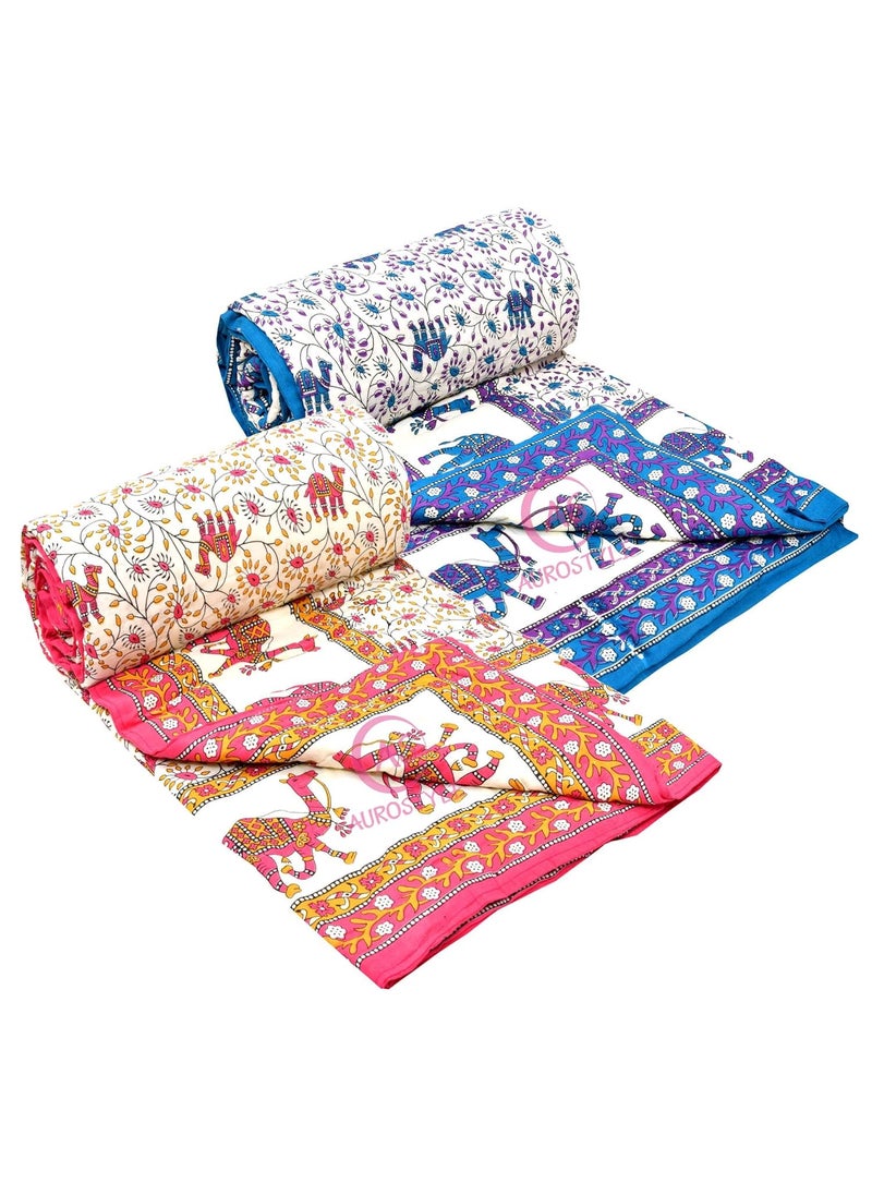 AUROSTYLE - AUROSTYLE 400 TC Pure Cotton Jaipuri Light Weight Traditional Rajasthani Print Single Bed QuiltRazaiRajai Design 12 Single Bed Set of 2 Combo Set - Image 1