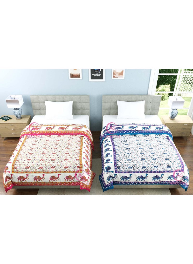 AUROSTYLE - AUROSTYLE 400 TC Pure Cotton Jaipuri Light Weight Traditional Rajasthani Print Single Bed QuiltRazaiRajai Design 12 Single Bed Set of 2 Combo Set - Image 1