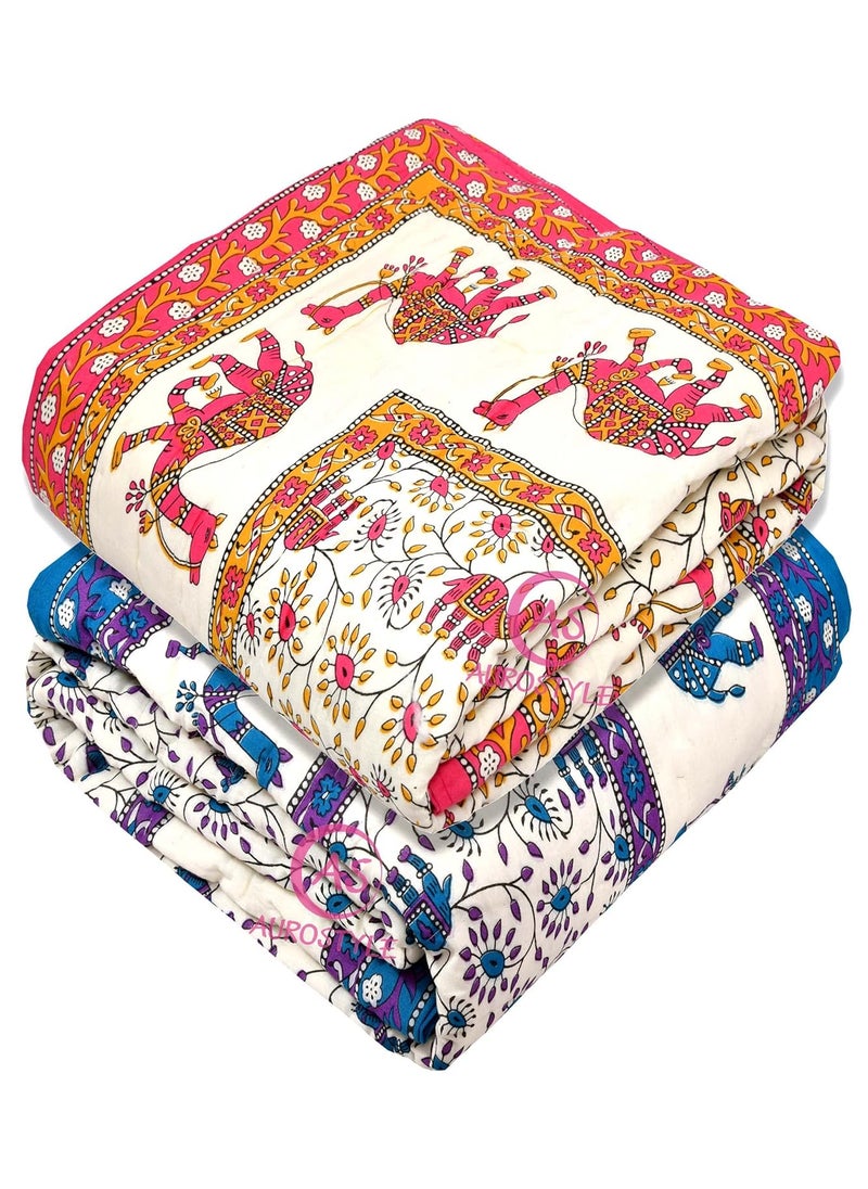 AUROSTYLE - AUROSTYLE 400 TC Pure Cotton Jaipuri Light Weight Traditional Rajasthani Print Single Bed QuiltRazaiRajai Design 12 Single Bed Set of 2 Combo Set - Image 1
