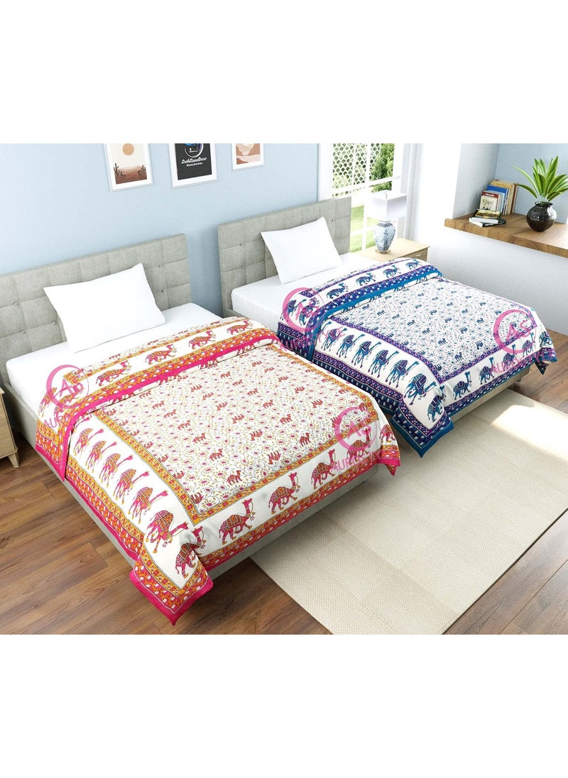 AUROSTYLE - AUROSTYLE 400 TC Pure Cotton Jaipuri Light Weight Traditional Rajasthani Print Single Bed QuiltRazaiRajai Design 12 Single Bed Set of 2 Combo Set - Image 1