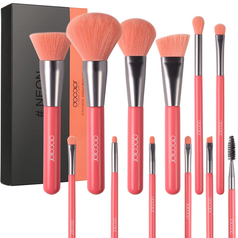 Docolor Makeup Brushes 10Pcs Makeup Brush Set Premium Synthetic Powder Foundation Contour Blush Concealer Eye Shadow Blending Liner Make Up Brush Kit Neon Peach