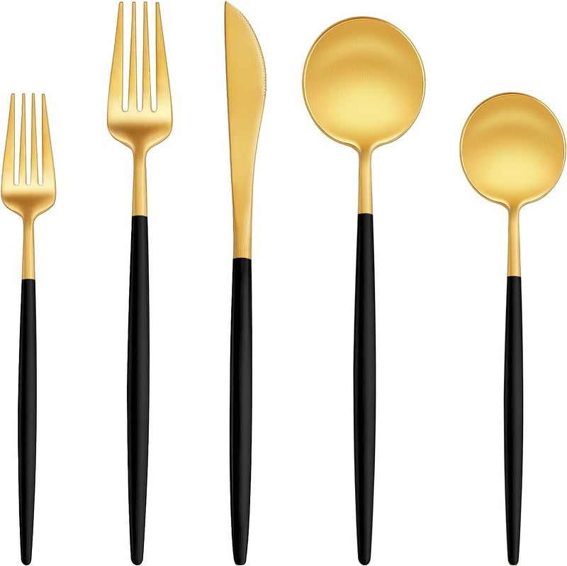 EUIRIO 30Piece Silverware Set for 6 Stainless Steel Flatware Set Matte Black Gold Modern Brushed Thick Cutlery Set with Spoons Forks and Knives Utensil Set for Home Kitchen Hotel Dishwasher Safe - Image 1