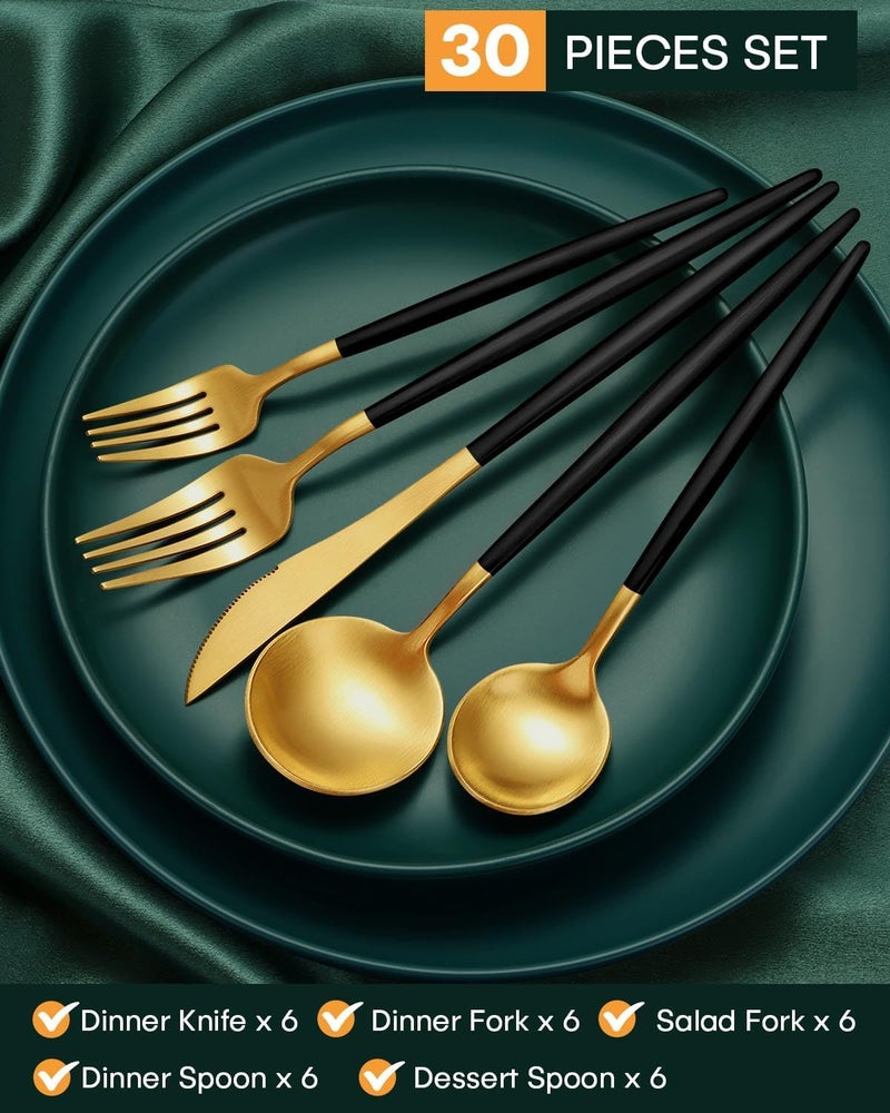 EUIRIO 30Piece Silverware Set for 6 Stainless Steel Flatware Set Matte Black Gold Modern Brushed Thick Cutlery Set with Spoons Forks and Knives Utensil Set for Home Kitchen Hotel Dishwasher Safe - Image 2