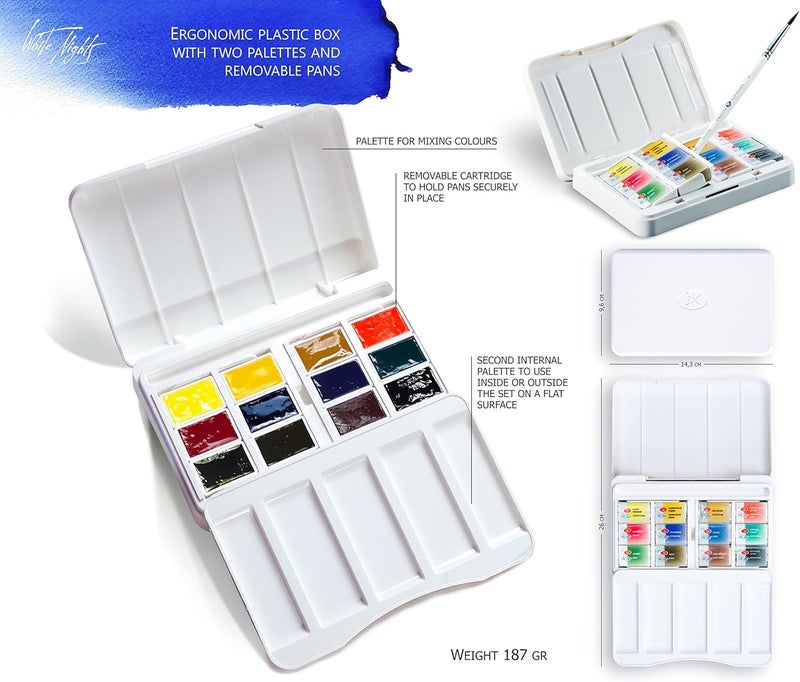 White Nights Watercolour Set - 12 Whole Pans in Plastic Box for Artists - Image 4