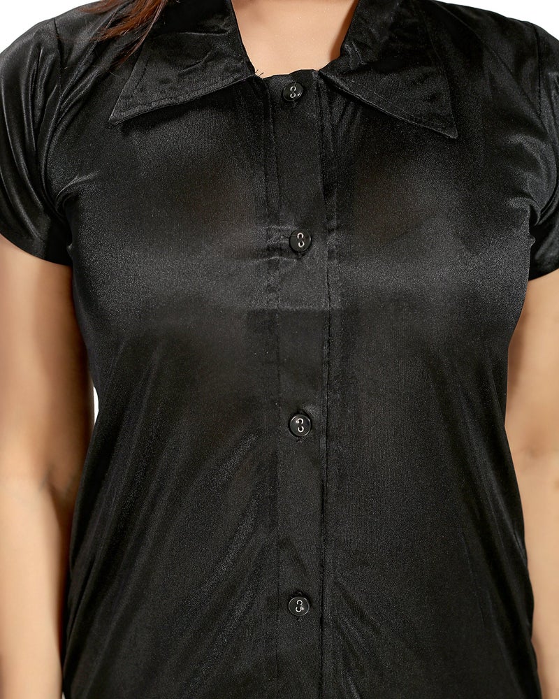 Fabme Women's Plain Satin Night Suit (Shirt and Pyjama) (Black) (Size - Medium || Bust 36") - Image 4