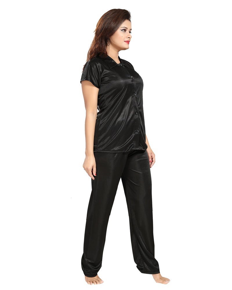 Fabme Women's Plain Satin Night Suit (Shirt and Pyjama) (Black) (Size - Medium || Bust 36") - Image 2