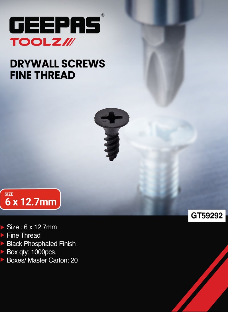GEEPAS Geepas Drywall Screws Fine Thread GT59292, Pack Of 1000 Pieces, Black Phosphate Finish, Ideal For Wood Work, Fittings, DIY, Mechanic Work, General Maintenance  - Image 1