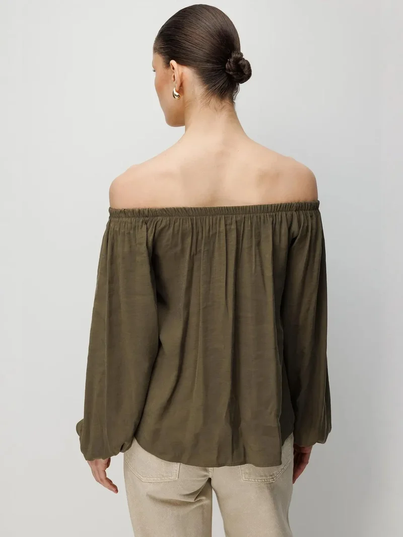 MixRay Khaki Green MIXRAY Off Shoulder Textured Blouse for Women | Best Price UAE