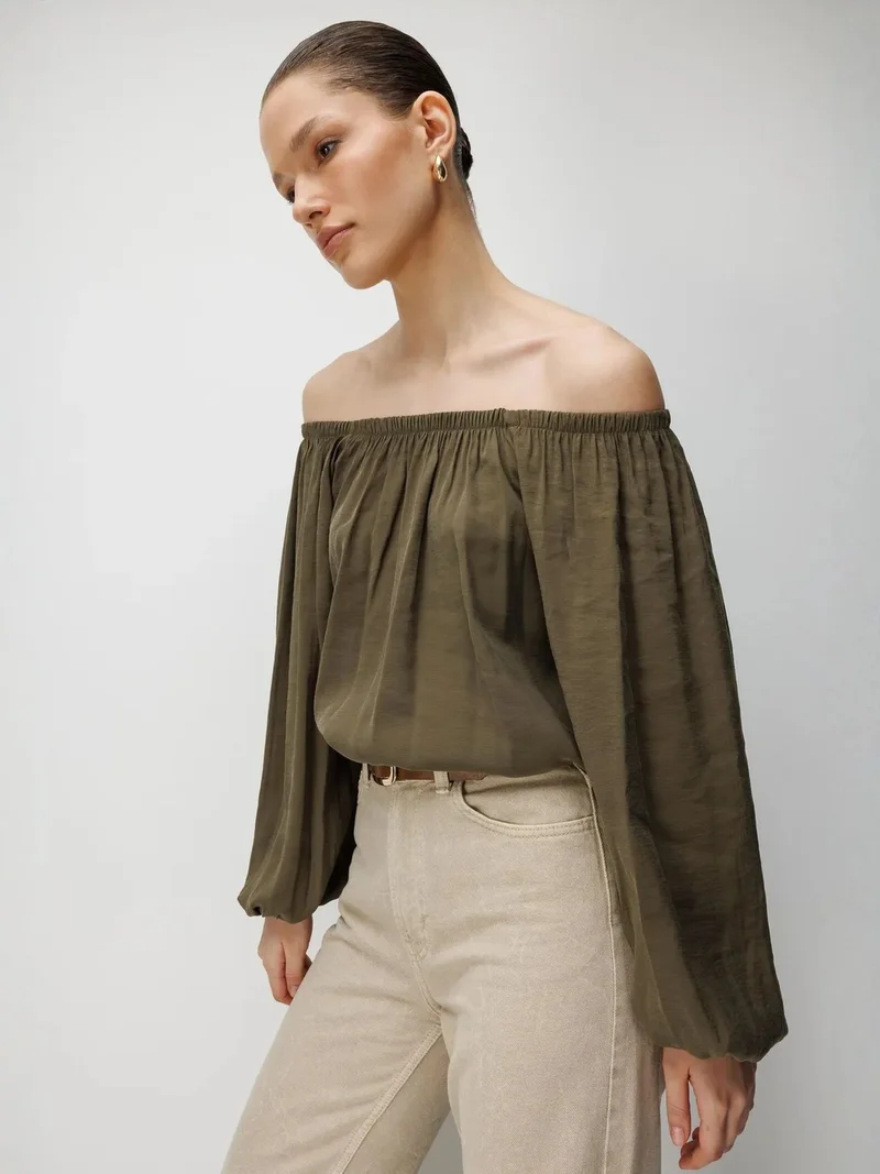 MixRay Khaki Green MIXRAY Off Shoulder Textured Blouse for Women | Best Price UAE