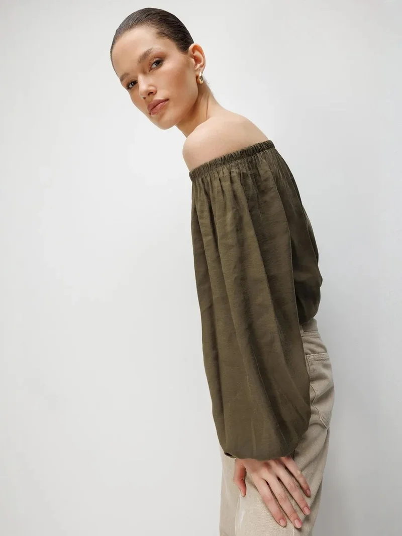MixRay Khaki Green MIXRAY Off Shoulder Textured Blouse for Women | Best Price UAE