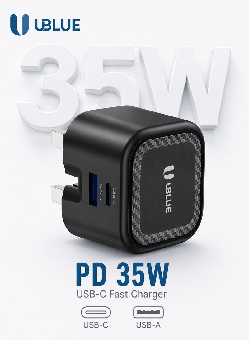 يوبلو شاحن جداري UBLUE بقوة 35 واط بتقنية GaN من النوع C، منفذان (USB-C + USB-A)، تيار متردد 200-240 فولت، أسود، شحن سريع - Image 1