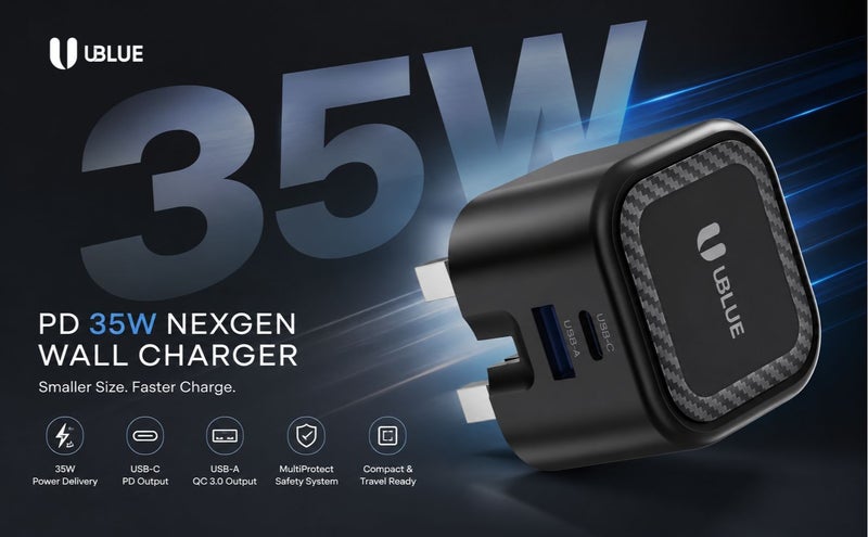 يوبلو شاحن جداري UBLUE بقوة 35 واط بتقنية GaN من النوع C، منفذان (USB-C + USB-A)، تيار متردد 200-240 فولت، أسود، شحن سريع - Image 2