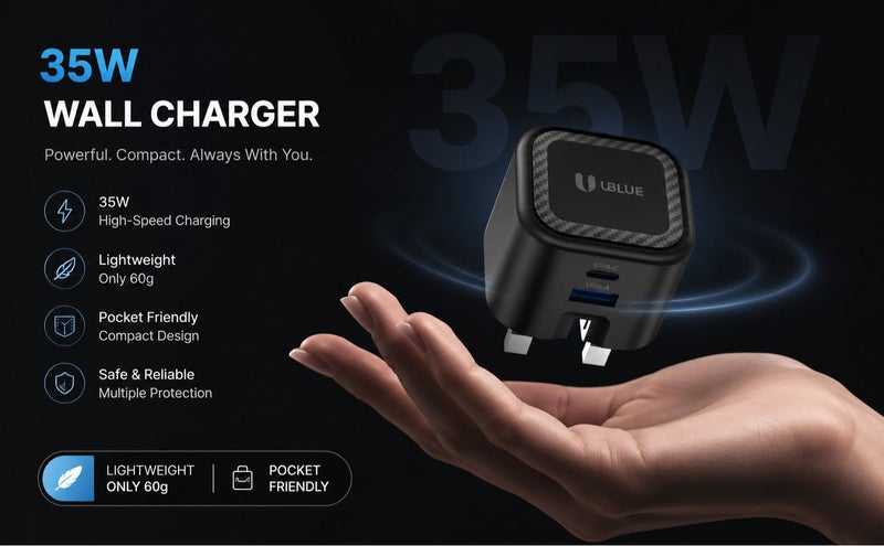 يوبلو شاحن جداري UBLUE بقوة 35 واط بتقنية GaN من النوع C، منفذان (USB-C + USB-A)، تيار متردد 200-240 فولت، أسود، شحن سريع - Image 5
