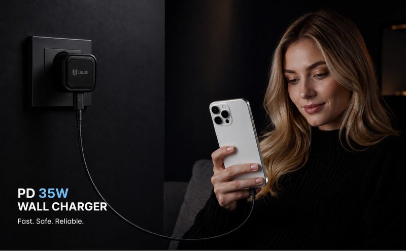 يوبلو شاحن جداري UBLUE بقوة 35 واط بتقنية GaN من النوع C، منفذان (USB-C + USB-A)، تيار متردد 200-240 فولت، أسود، شحن سريع - Image 4