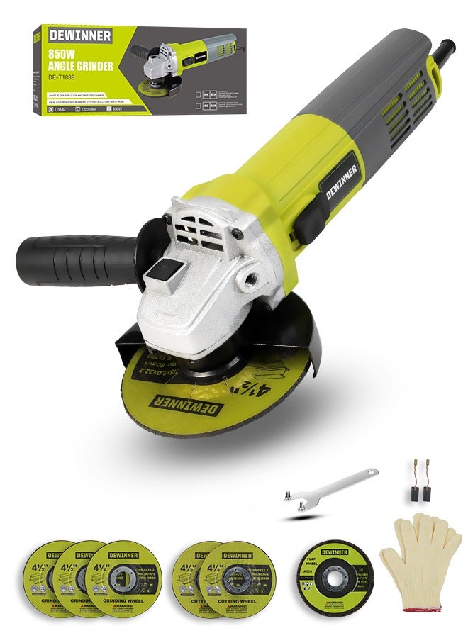 DEWINNER 850W Professional Angle Grinder, 12000 RPM, 2-Position Adjustable Auxiliary Handle, 115mm+ 6 Discs, Grinders Power Tools for Metal Wood, SMALL - Image 1