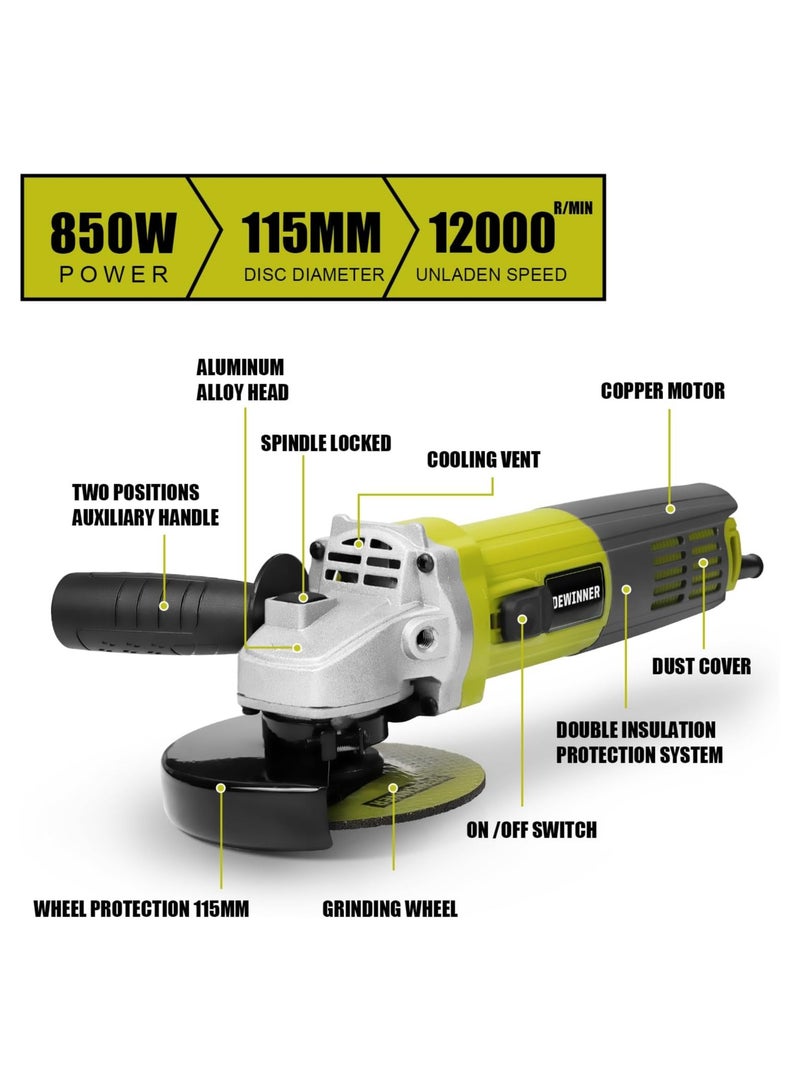 DEWINNER 850W Professional Angle Grinder, 12000 RPM, 2-Position Adjustable Auxiliary Handle, 115mm+ 6 Discs, Grinders Power Tools for Metal Wood, SMALL - Image 3