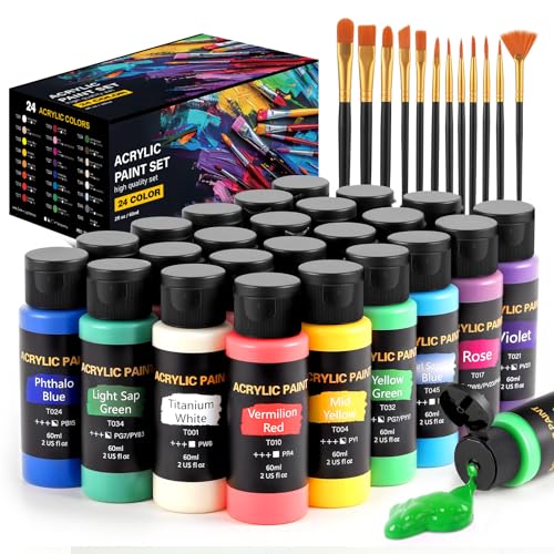 TMOL Acrylic Paint Set, 24 Colors (2 oz/Bottle) with 12 Art Brushes, Art Supplies for Painting Canvas, Wood, Ceramic & Fabric, Rich Pigments Lasting Quality for Beginners, Students & Professional Artist - Image 1