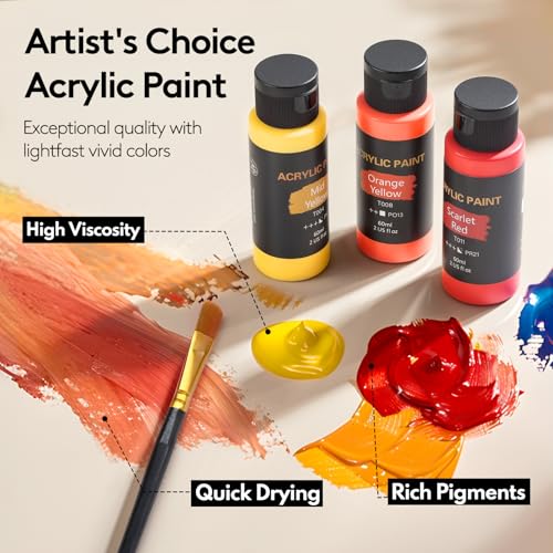 TMOL Acrylic Paint Set, 24 Colors (2 oz/Bottle) with 12 Art Brushes, Art Supplies for Painting Canvas, Wood, Ceramic & Fabric, Rich Pigments Lasting Quality for Beginners, Students & Professional Artist - Image 3