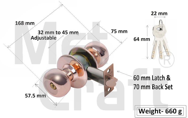 Met Craft SS304 Room Door Knob Lock - with 3 Brass Computerised Key Cylindrical Lock for Bedroom/Main Door/Tubular Door Knob/Handle (Rose Gold, 70 mm Backset) - Image 5