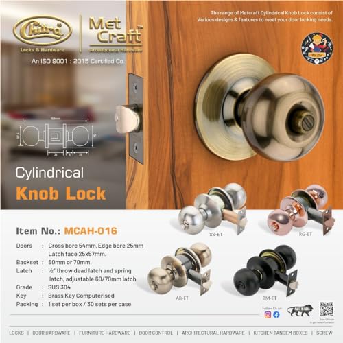 Met Craft SS304 Room Door Knob Lock - with 3 Brass Computerised Key Cylindrical Lock for Bedroom/Main Door/Tubular Door Knob/Handle (Rose Gold, 70 mm Backset) - Image 4