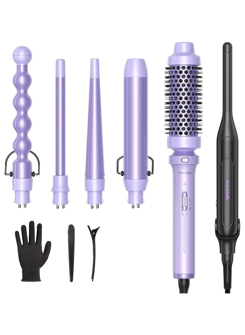 5 In 1 Curling Ironcurling Wand Set With Curling Brush And 4 Interchangeable Ceramic Curling Wand(0.5”1.25”)Instant Heat Upinclude Heat Protective Glove & 2 Clips (Purple)