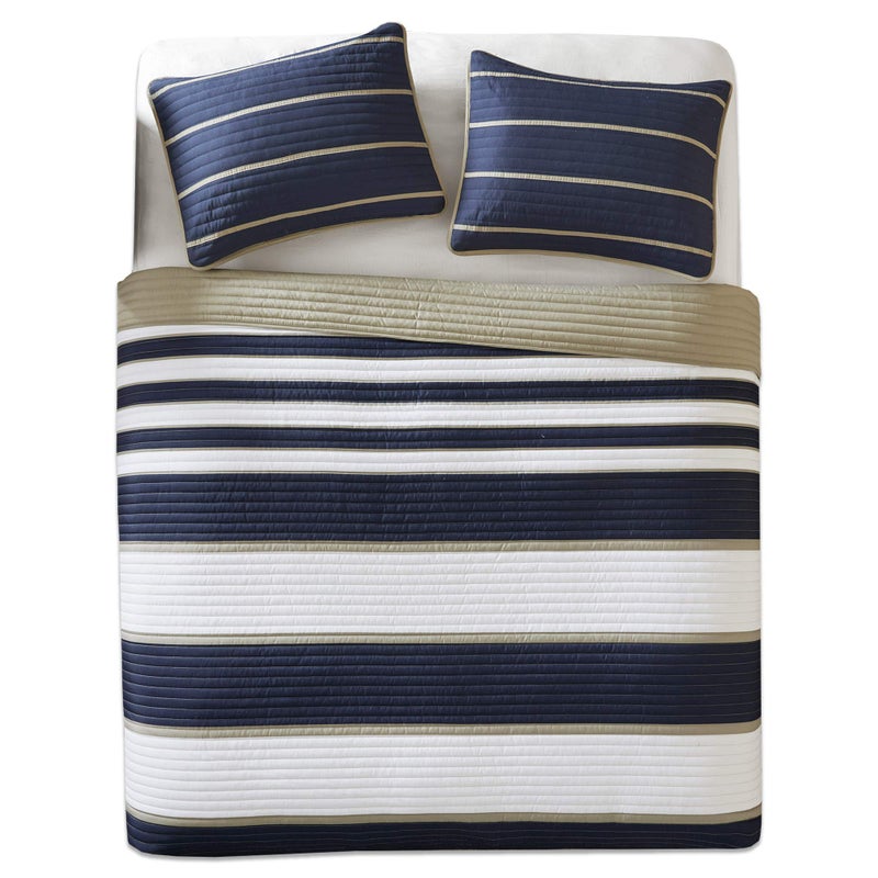 Comfort Spaces Quilt Set Trendy Casual Fun, Vibrant Color Design, Hypoallergenic All Season, Lightweight Coverlet Bedspread Cozy Kids Bedding & Sham Full/Queen Verone White Blue Stripe 3 Piece - Image 1