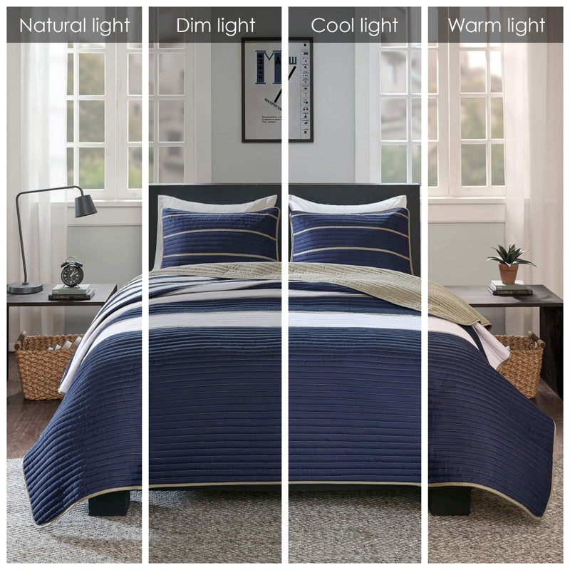 Comfort Spaces Quilt Set Trendy Casual Fun, Vibrant Color Design, Hypoallergenic All Season, Lightweight Coverlet Bedspread Cozy Kids Bedding & Sham Full/Queen Verone White Blue Stripe 3 Piece - Image 5