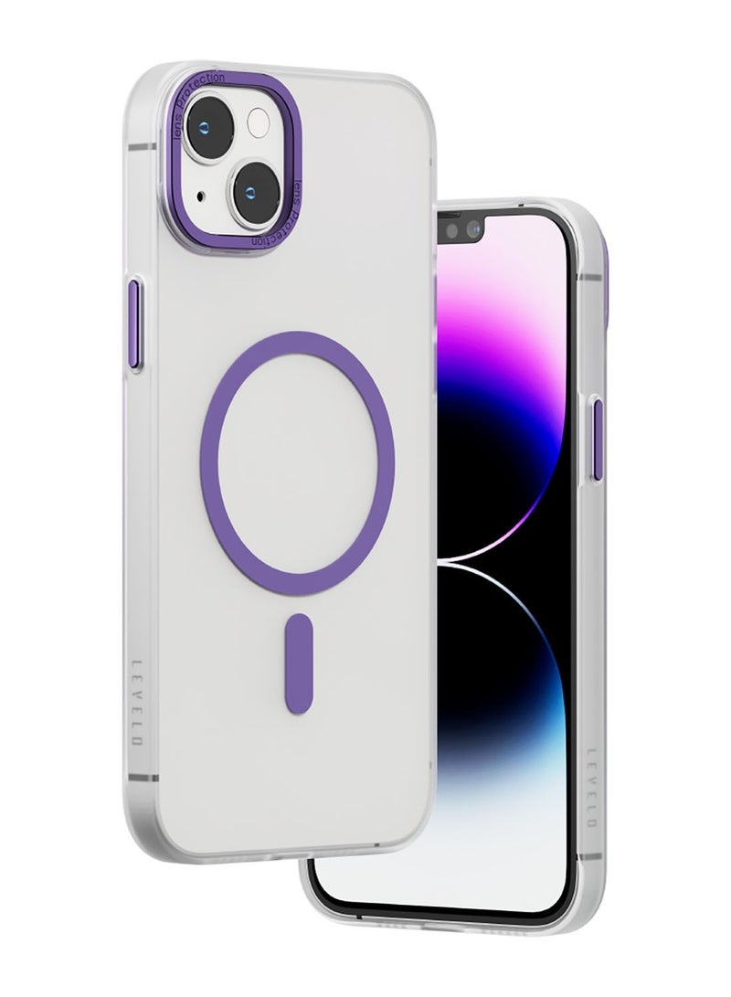 LEVELO iPhone 14 Plus Case MagSafe Glory Matte Back Cover / Anti-Shock Proof / Metal Camera Ring / Ultra-Slim Hard Case / MagSafe Compatibility - Matte Clear/Purple - Image 2