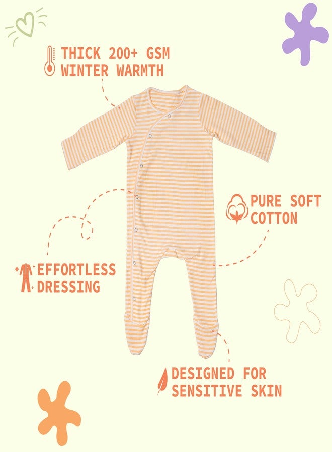 FawnFeel Premium Cotton Full Sleeve Sleepsuit/Romper for Boys/Girls New Born Baby -Striped Design (Peach, 6-9 Months) - Image 4