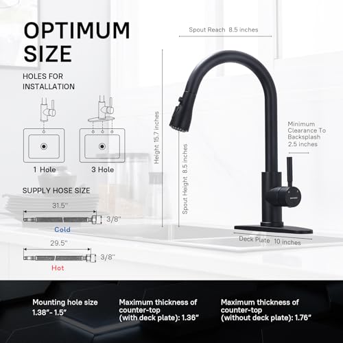 WEWE Black Kitchen Faucet, Leak Proof Kitchen Faucets with Pull Down Sprayer Commercial Stainless Steel Single Handle Single Hole Kitchen Sink Faucet for Farmhouse Camper Laundry Rv Bar - Image 3