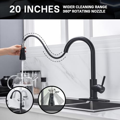WEWE Black Kitchen Faucet, Leak Proof Kitchen Faucets with Pull Down Sprayer Commercial Stainless Steel Single Handle Single Hole Kitchen Sink Faucet for Farmhouse Camper Laundry Rv Bar - Image 4